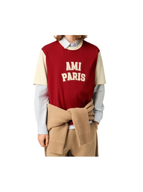 T-shirt in cotone rosso con ricamo Ami Paris Ami Paris | UTS418.JE0272A202 RUBYRED/IVORY